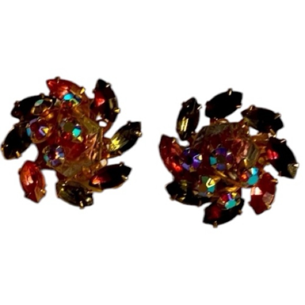 Beau Jewels Earrings, Clip on, AB, Pink, Purple Rhinestones, Regency, Vintage
